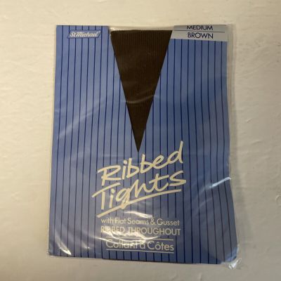 St Michael Ribbed Tights Medium Brown Flat Seams And Gusset