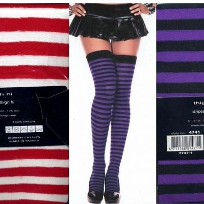 Thigh High Striped Stockings Black/Purple Red/White  Adult Reg Music Legs 4741