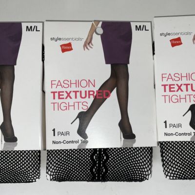 NIP Lot 3 Pairs Hanes Stylessentials Fashion Textured Fishnet Tights Black M/L