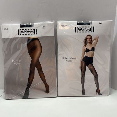 Wolford Pure 50 Tights black, Helena Net Tights Lot Of 2 Size M Fishnet Floral