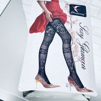 Black Floral Lace Fishnet  Pantyhose Stockings Tights Small