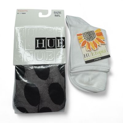 HUE Womens Polka Dot Control Top Tights Size M/L Black FREE Pair Roll Top Socks