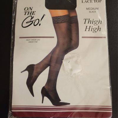 New On The Go! Lace Top Silky Sheer Leg Thigh High Stockings Black Size Medium
