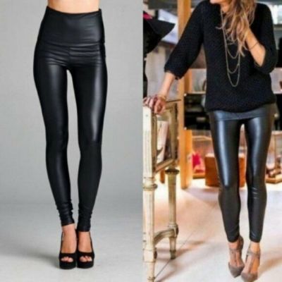 NEW Boutique Black Shiny Faux Leather High Waist Leggings Size Large L Trendy