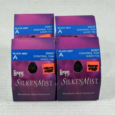 Lot Of  4  L'eggs Silken Mist Pantyhose Size A Sheer Toe Black Mist Color  20107