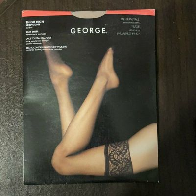 Womens Medium/Tall George Silky Sheer Thigh High Stockings Lace Band Nude