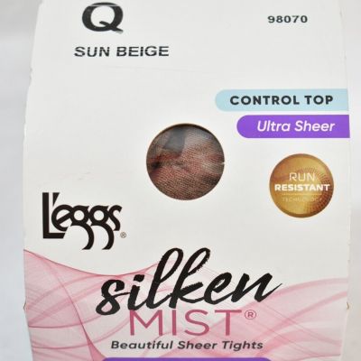 L'eggs Pantyhose Silken Mist Sun Beige   Control Top  Size Q  Run Resistant