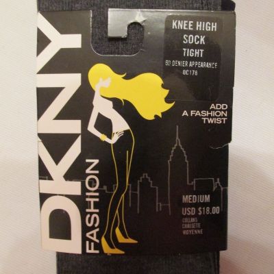 DKNY Fashion Knee High Sock Tight 60 Denier Black Gray #OC178 Size Med