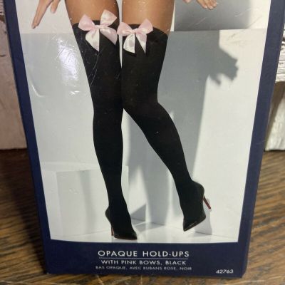 Fever Hosiery Black opaque hold-ups thigh highs w/ Pink Bows one size Fits Most