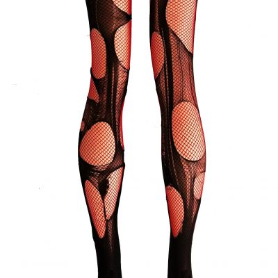Agoraphobix Tattered & Torn Fishnet Tights - Double Layered - Black & Red