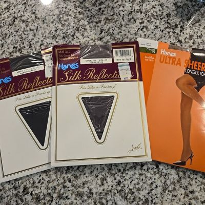 3 Hanes Silk Reflections Pantyhose Silky Sheer SILVER BLACK BARELY THERE SANDAL