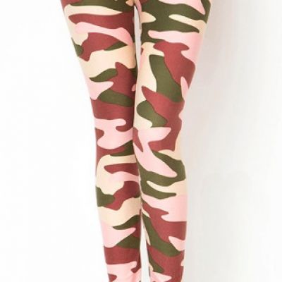Womens Bright Camo Army Print Sports Leggings Buttery Soft Pink ONE SIZE OS 2-12
