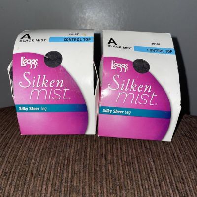 L'eggs Silken Mist Control Top Sheer Pantyhose Size A #20107 Black Mist Lot Of 2