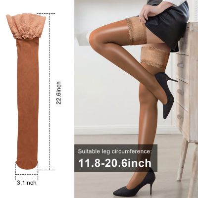Women‘s Sex Glossy Oil Shiny Lace Trim Thigh High Stockings Hold Ups Semi-Opaque