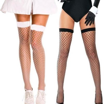 Fishnet Stockings Black White 2 Pairs Women's Thigh High Sexy