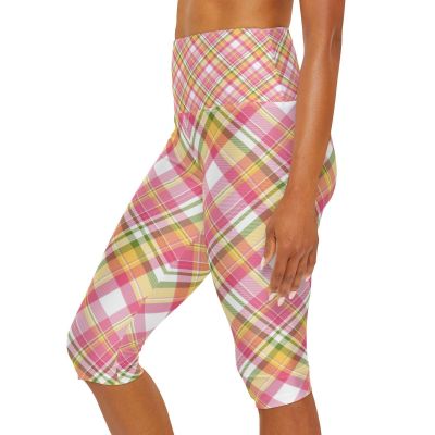 Girly Plaid Yoga Leggings, Women's Workout Pants, Stretchy Athletic Capris