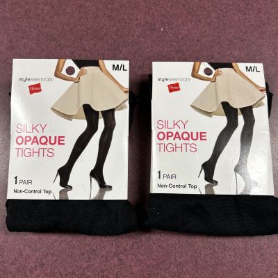 Hanes Lot Of 2 Silky Opaque Tights M/L Black 1 Pair Non-Control Top New