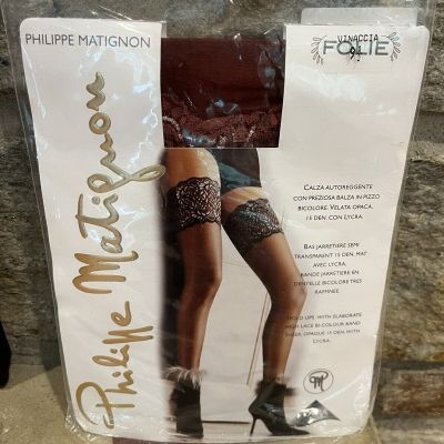 Philippe Matignon Hold Ups Thigh Highs Size 9.5 (M) Wine Red Lace Top Stockings