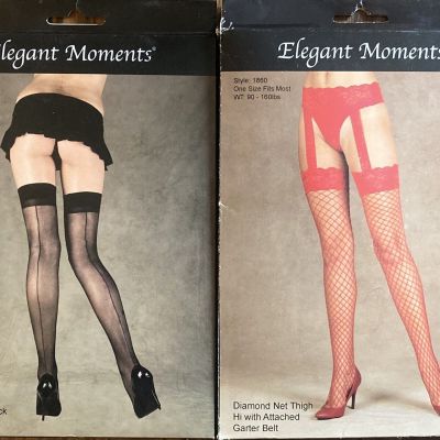 (2) ELEGANT MOMENTS Thigh Hi Stockings 1 Sheer & 1 Diamond Net W Garter Belt RED