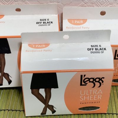 Lot of 3 Leggs Ultra Sheer Size E Off Black Reinforced Panty Sheer Toe NEW