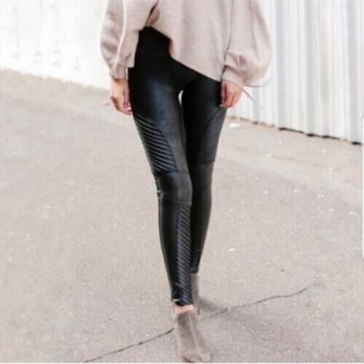 Spanx Moto Faux Leather Leggings Size XS Black Stretch Pull On Vegan