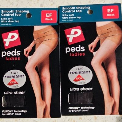 2 Pair Peds Ladies Smooth Shaping Control Top Pantyhose Sheer Leg Size EF Black