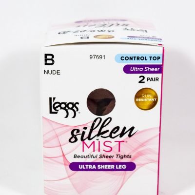 L'eggs Silken Mist Pantyhose Ultra Sheer Leg Control Top NUDE Size B 2 pair
