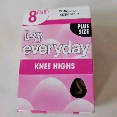 L'eggs Everyday Knee High stockings 8 Pair Suntan Sheer Toe Plus Size