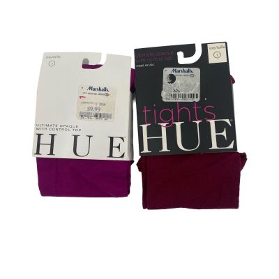 NWT Hue Size 1 Super Opaque Tights w/ Control Top Mulberry  & Scarlet 2 Pairs