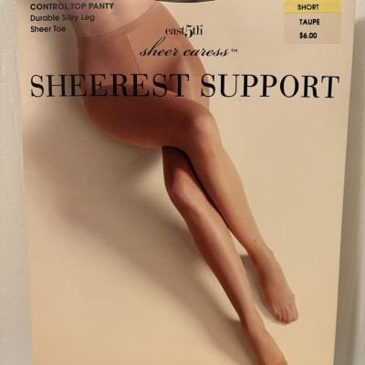 East 5th Sheer Caress Sheerest Support Control Top Pantyhose Sz SHORT Taupe NEW