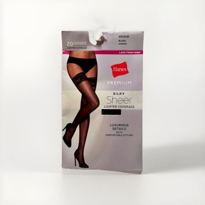 Stockings Thigh High Hanes Premium Silky Sheer Lace Top  Black Medium 20 Denier