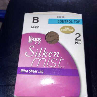 Leggs Silken Mist Silky Ultra Sheer Leg Control Top 2pk Pantyhose Size B Nude