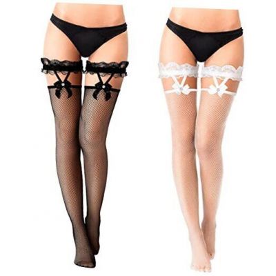 2 Pairs Lace Top Fishnet Stockings Bow Suspenders Thigh Medium Black, White