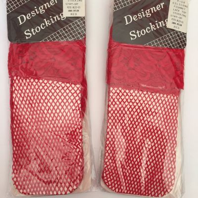 Red Fishnet Lace Top Nylon Stocking Stay Up Thigh High Hosiery Two Pairs