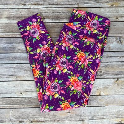 Pink Purple Yellow Floral Flower Rose Leaves Women's Leggings TC Plus Size 12-20