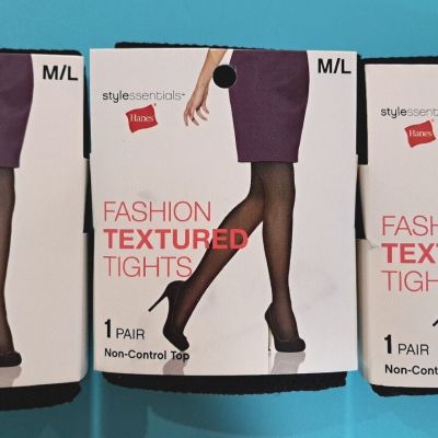 Lot of 3 pair  Hanes Style Essentials Fashion Textured Tights (Black) M L