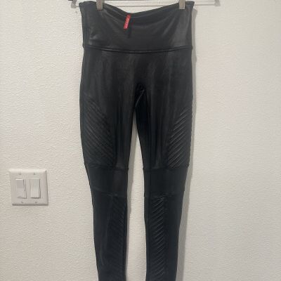 Spanx Faux Leather Leggings Size Large High Waist Black Shiny Ankle Stretch EUC