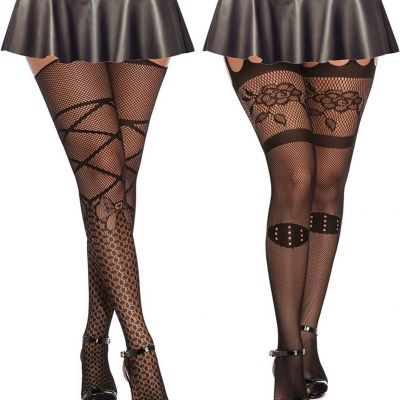 Womens Fishnet Stockings Black 2 Pair New Thigh High With Suspenders