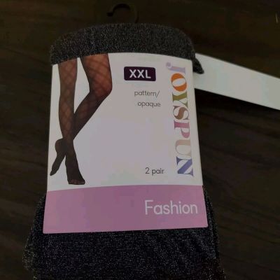 1 Pack of 2 Joyspun Opaque & Silver Black Crushed Plum Shimmer Tights Size XXL