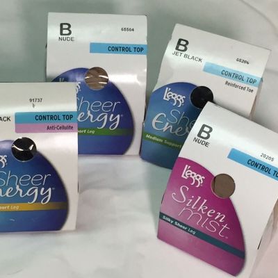 4-pairs L'eggs Sheer Control Top Tights/Pantyhose Nude+Black Size B, New in Box