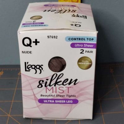 Leggs Silken Mist 2 PAIRS Ultra Sheer Leg Tights Q+ NUDE Control Top 97692