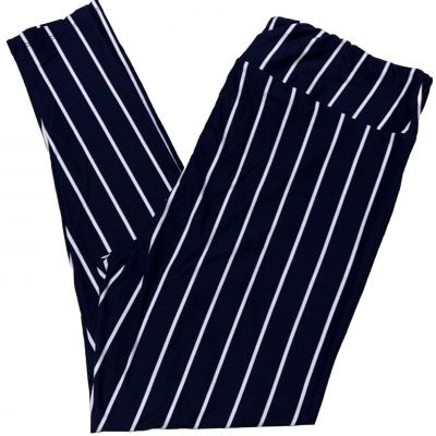 LuLaRoe Womens Leggings Size TC2 Navy Blue White Pinstripes Stripes Plus 18+ NWT