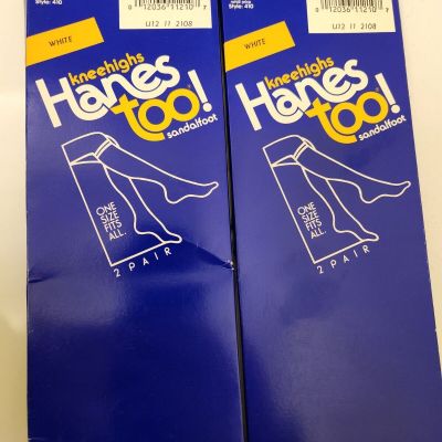 Hanes Too Knee Highs 2 Pack 4 Pair White Sandalfoot Sheer Pantyhose 1 Size