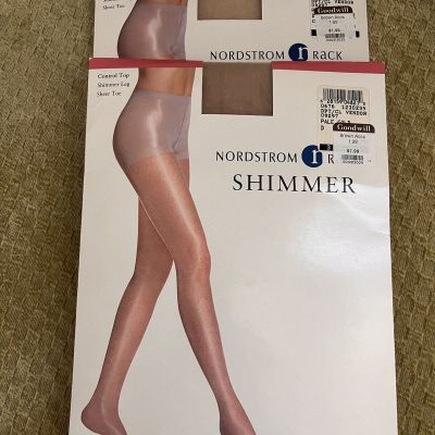 2 Pr Nordstrom Rack Shimmer Pantyhose Control top Sheer Toe Pale Gold Size D Lg
