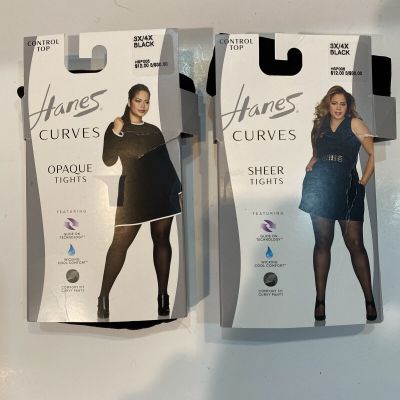 2 Hanes Curves Control Top Tights Size 3X/4X NWT Womens Black Shape wear Sheer/
