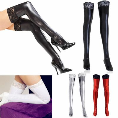 Sexy Lace Latex Faux Leather Thigh-High Stockings Women Wet Look Sock Clubwear
