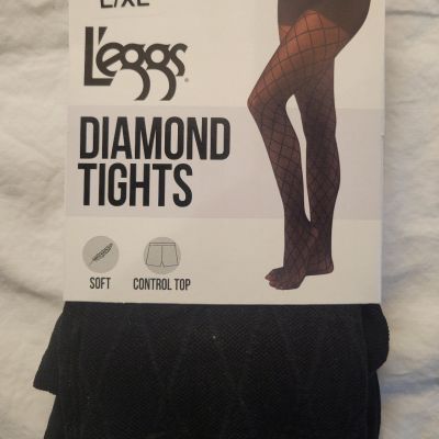 L'eggs Size L/XL Tights Pantyhose Diamond Patterned Black Control Top Soft New