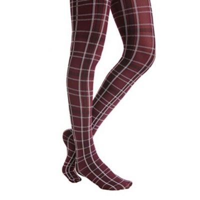 NEW HUE Opaque Tights Non-Control Top U4689 Burgundy Plaid Size 3