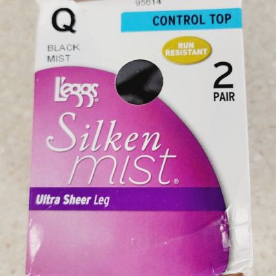 LEGGS Size Q Silken Mist Pantyhose 2 Pair Jet Black Control Top No Runs