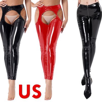 US Womens Patent Leather Hollow Out Pencil Pants Shiny High Waist Tight Trousers
